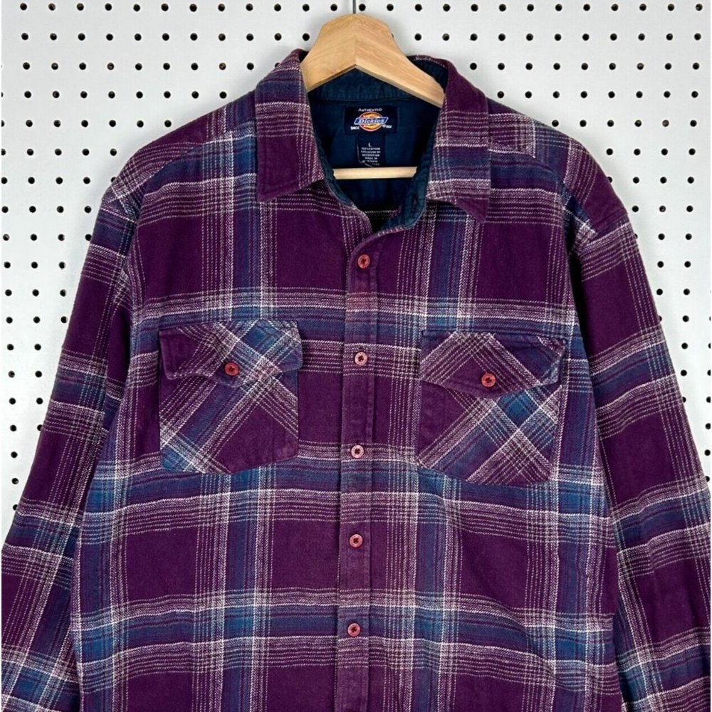 Vintage Dickies Plaid Flannel Cotton 90s Purple Blue Work Wear Button Fade Large